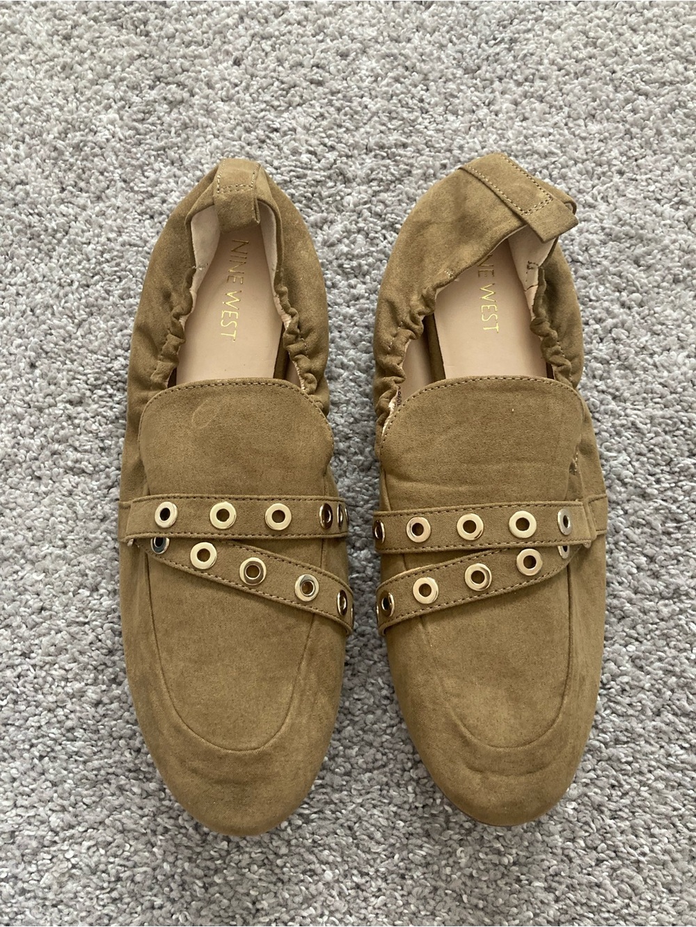 Nine West Olive-Tan Suede Loafers with Grommet Strap Detail shoes new